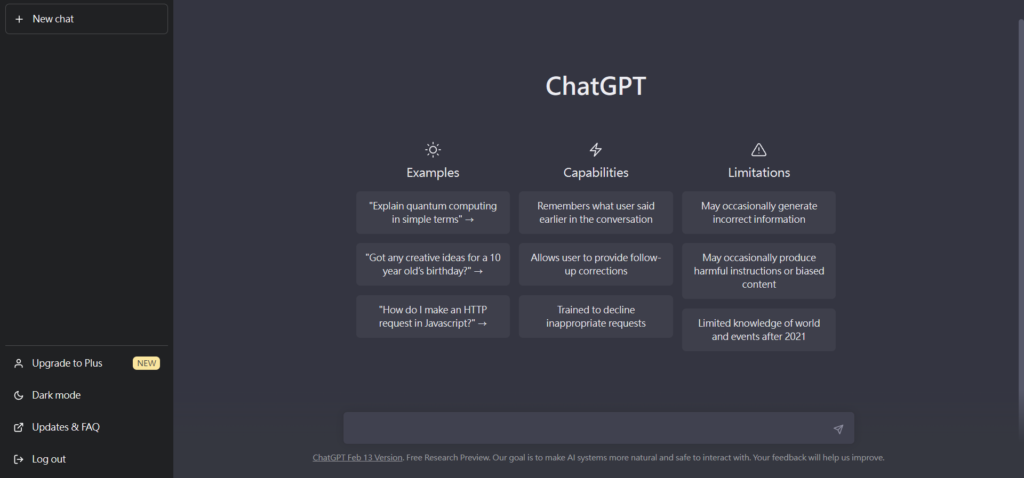 ChatGPT Interface. ChatGPT dashboard