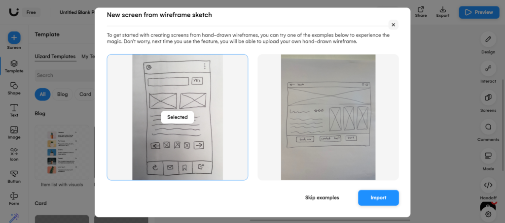 starting a project from hand drawn wireframes in uizard ai