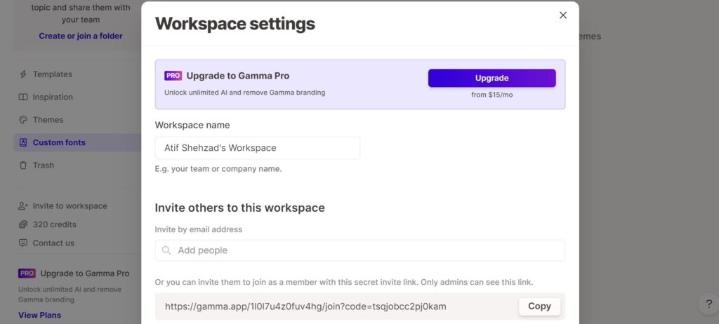 how to invite your team members to workspace in gamma AI.