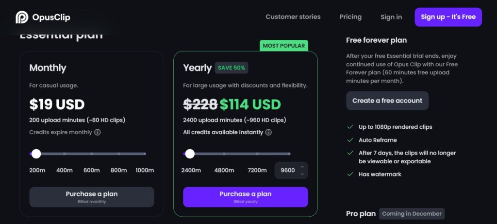 Opus clip all pricing plans