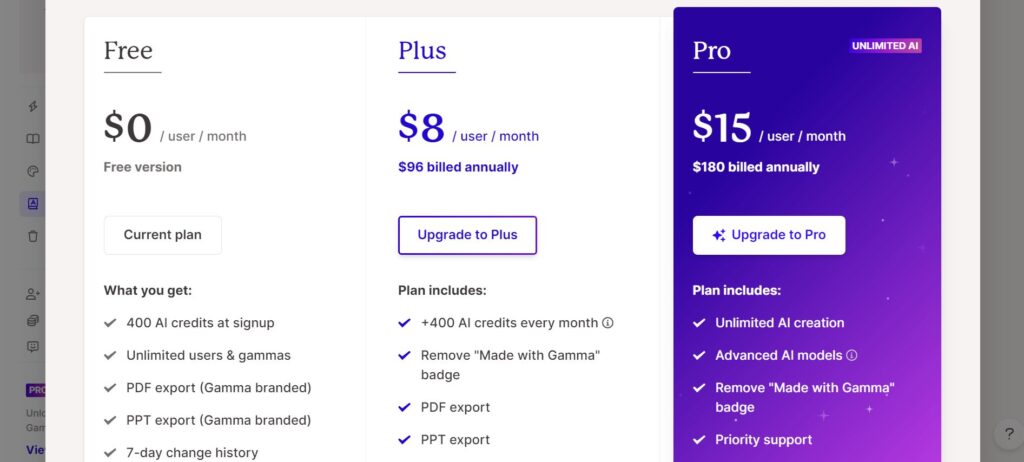 Gamma AI all pricing plans.