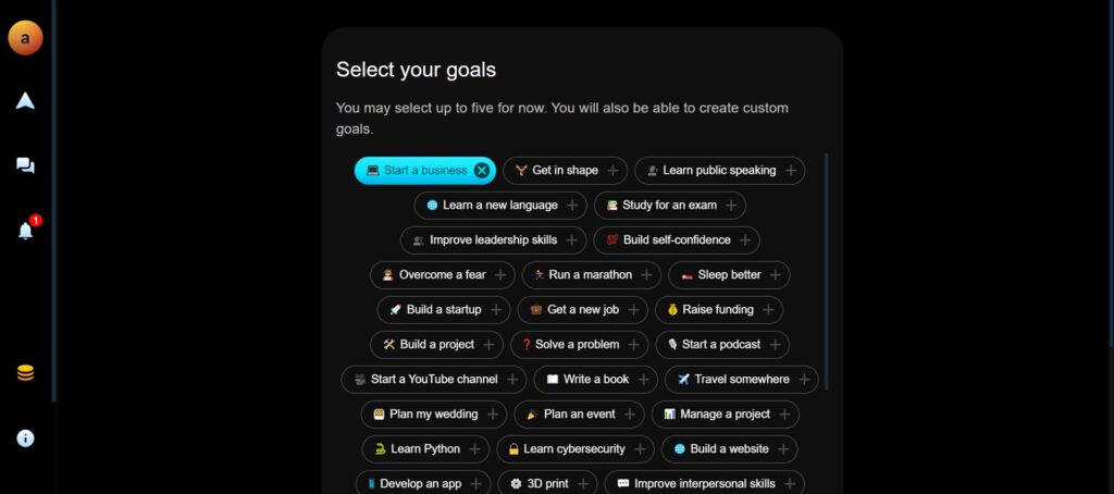 Selecting your goals in Socra AI.