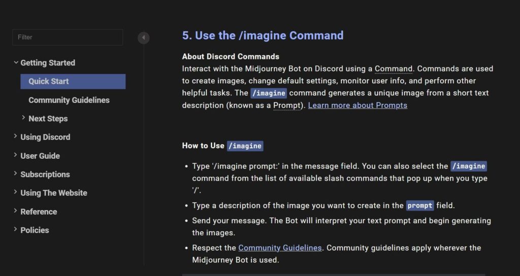 using /imagine command in midjourney